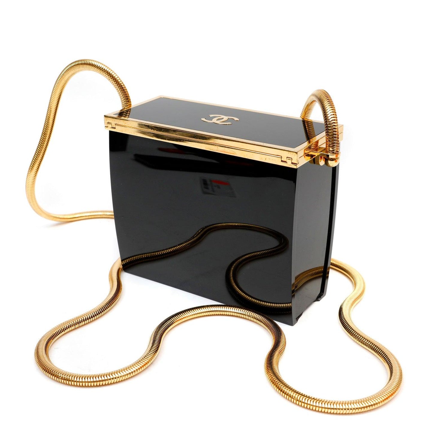 Chanel Black Lucite Box Purse w 24kt Gold Plated Strap