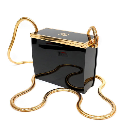 Chanel Black Lucite Box Purse w 24kt Gold Plated Strap