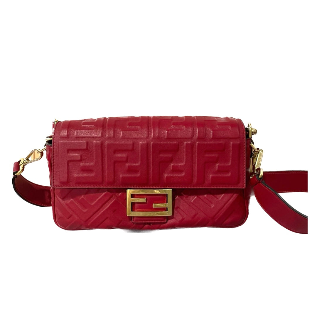 FENDI Baguette Red Soft Lambskin Nappa Leather 3D FF Motif Crossbody