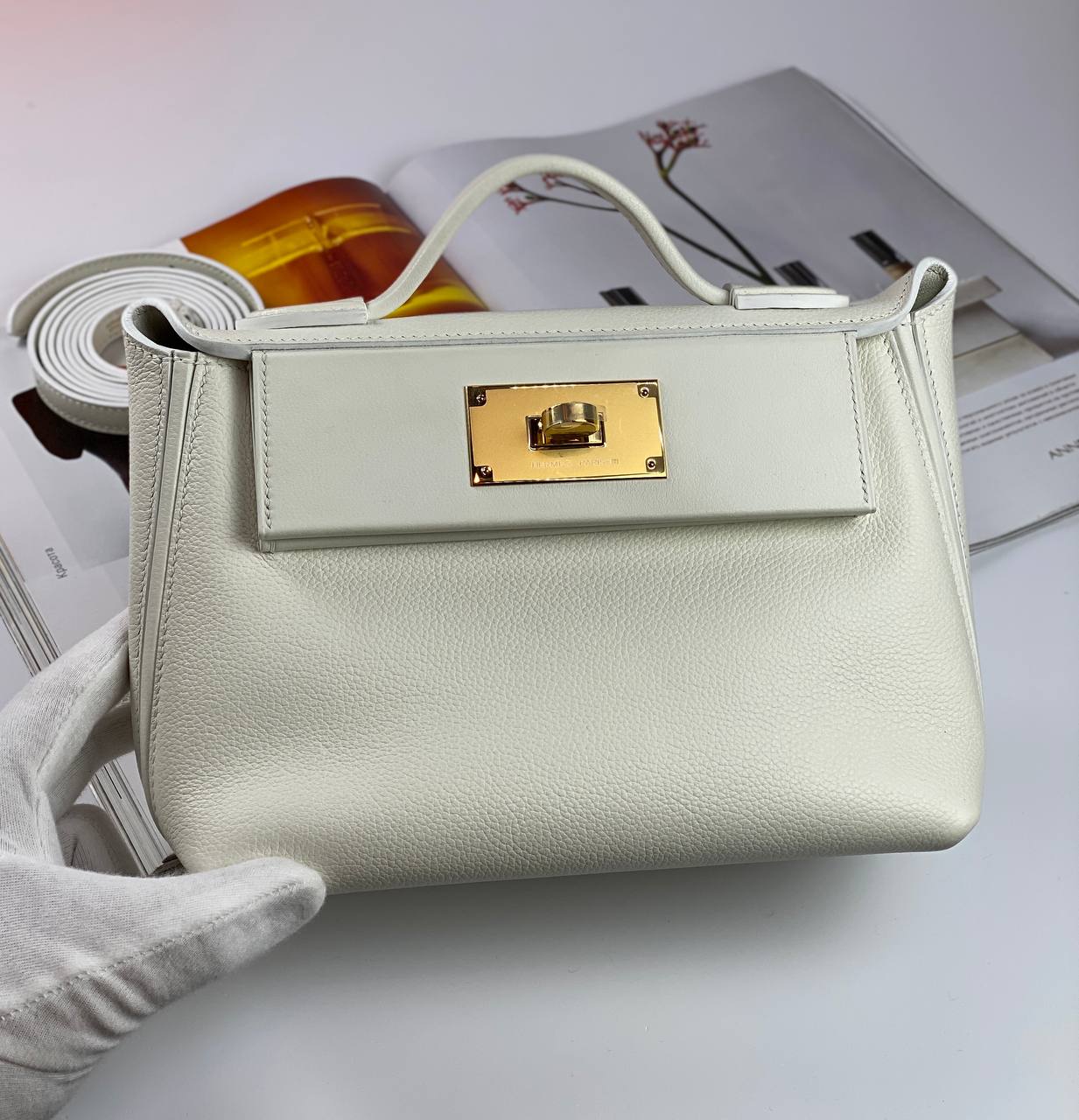 Luxury Hermes 24/24 Bag Evercolor with Swift 21 white Gold Hardware