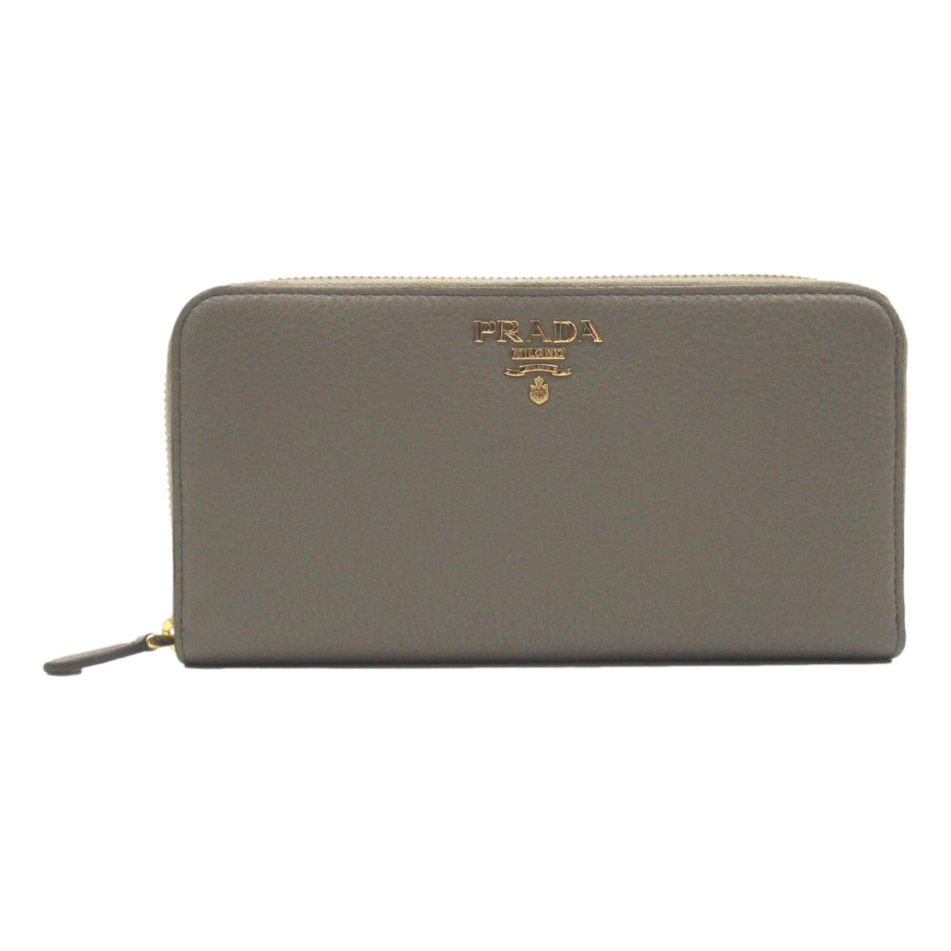 Prada Argilla Gray Vitello Grain Leather Zip Around Continental Wallet