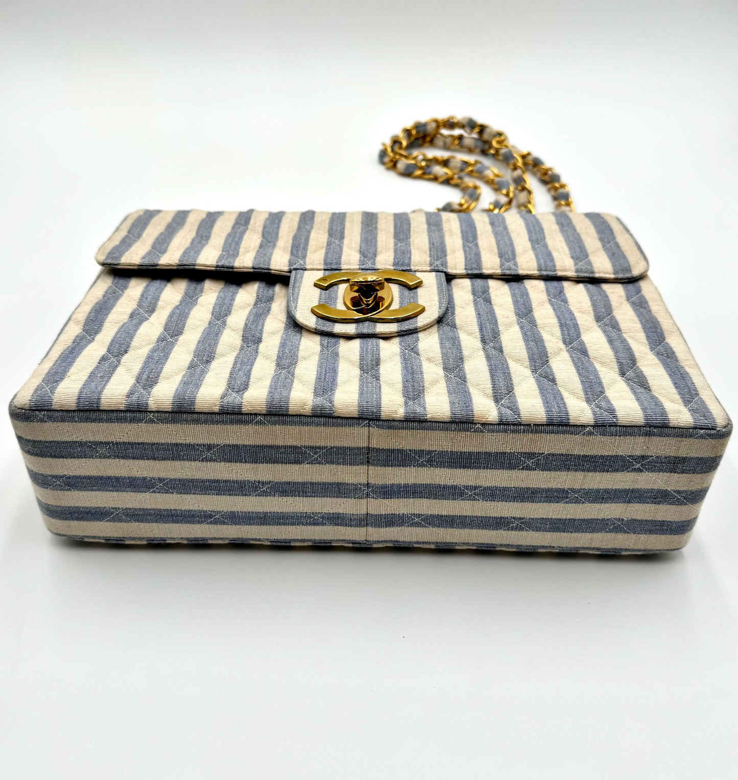 Chanel 1990s Jumbo Blue and White Striped Linen and Cotton Classic Flap Bag