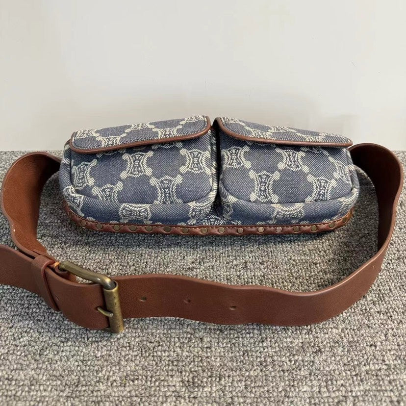 Luxury CELINE Triomphe Blue Canvas Belted Waist Bag Medium