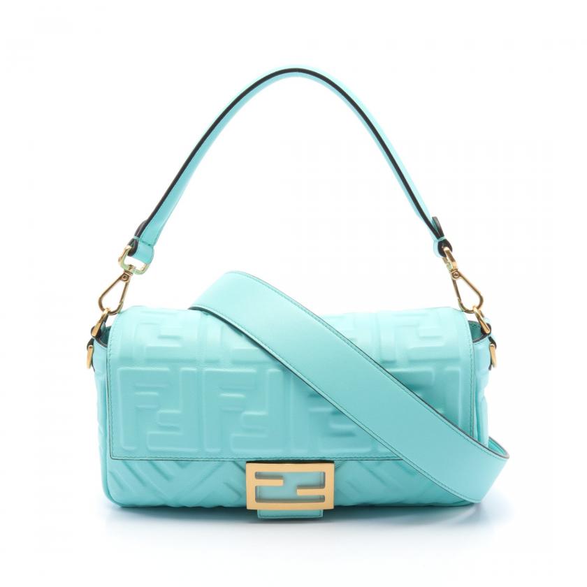 Fendi Baguette Handbag Leather Turquoise Blue 2way