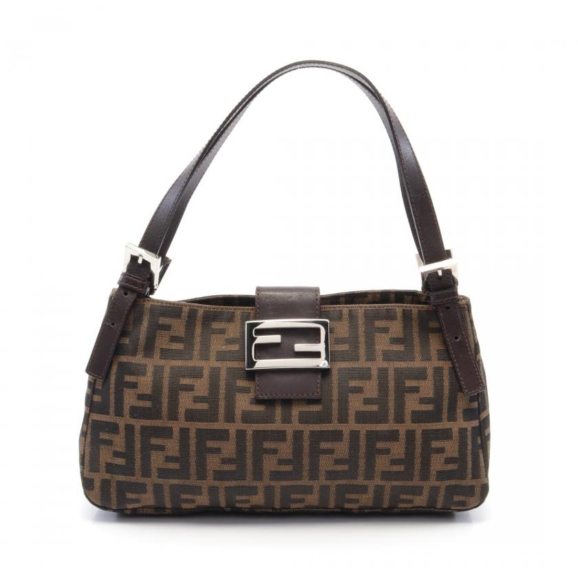 Fendi Zucca Shoulder Bag Canvas Leather Brown Dark Brown
