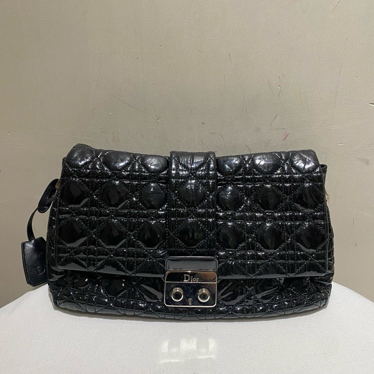 Dior Black Patent Leather Handbag Quilted Medium