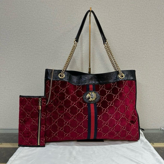 Gucci Red Velvet Large Tote Bag with Lion Head Detail
