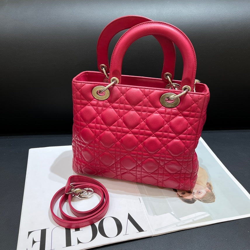 Dior Lady Dior Red Quilted Leather Handbag Medium Size