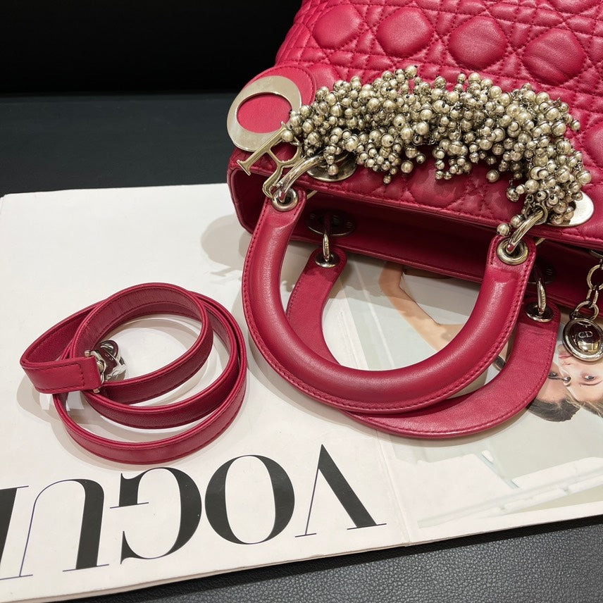 Dior Lady Dior Red Quilted Leather Handbag Medium Size