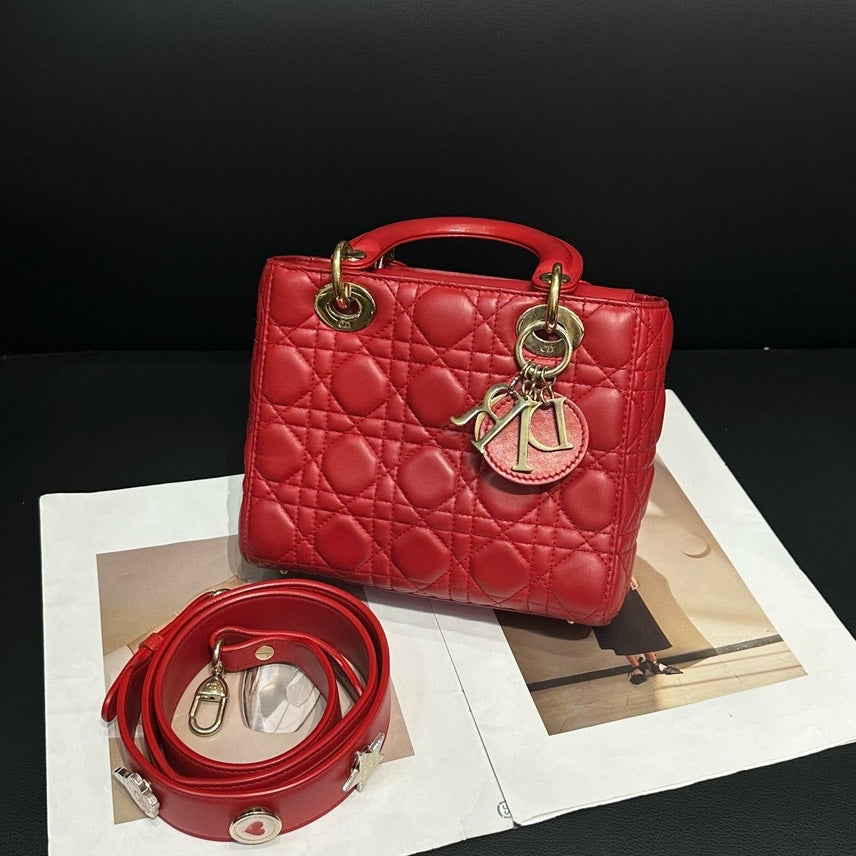 Dior Lady Red Leather Quilted Handbag Medium