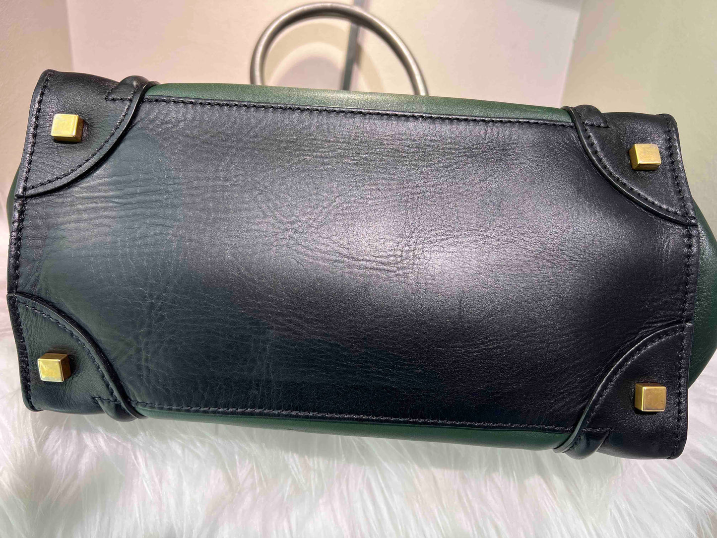 Luxury CELINE Luggage Smiling Face Bag in Green and Black Leather