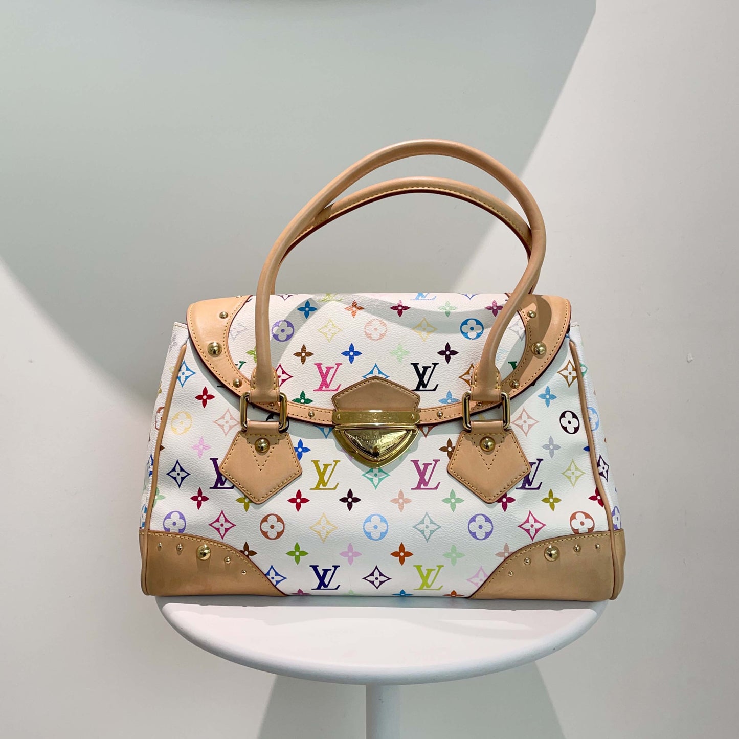 Louis Vuitton Multicolor Satchel Bag - Classic Preloved LV Handbag in White Canvas
