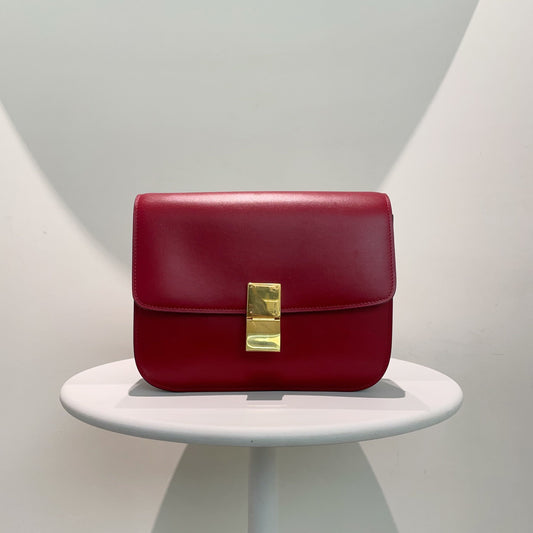 Luxury CELINE Box Bag in Burgundy Leather, Shoulder Bag