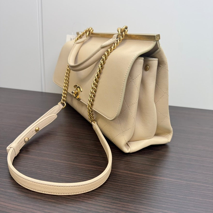 Chanel Calfskin 2way Flap Bag B2011 Beige Shoulder Bag