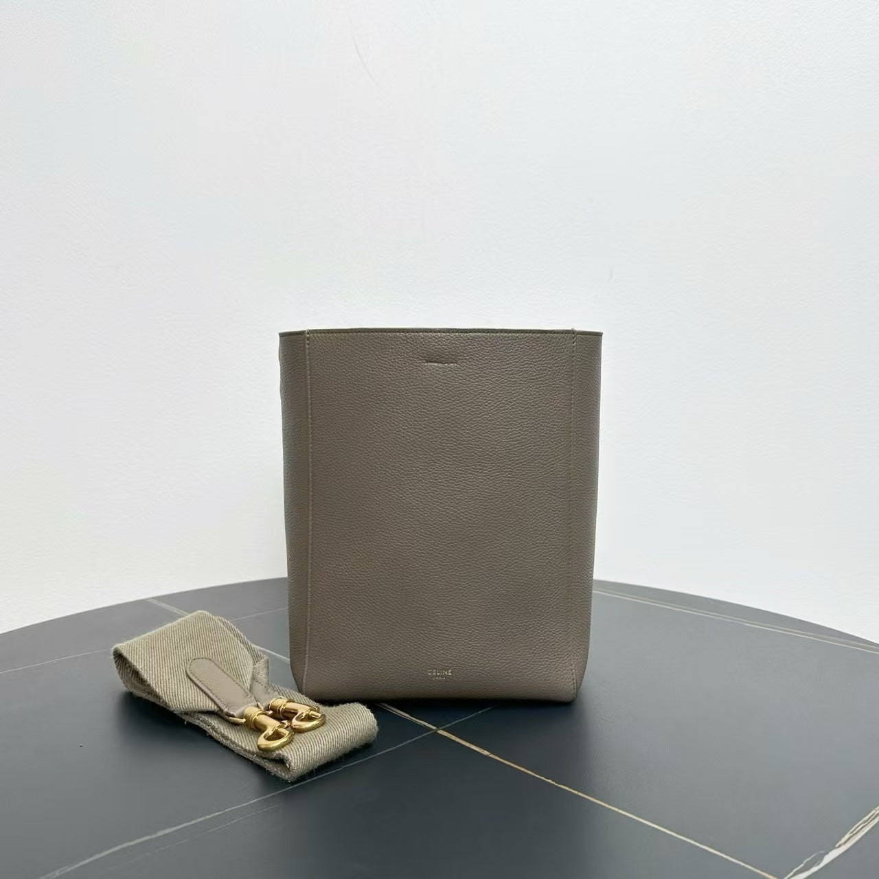 Luxury CELINE Shoulder Bag Taupe Grained Leather Medium Size