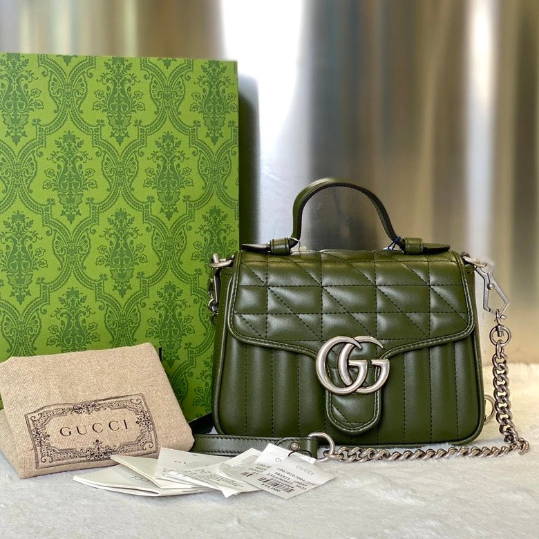 Gucci Marmont Handbag 5413 in Quilted Olive Leather Shoulder Bag