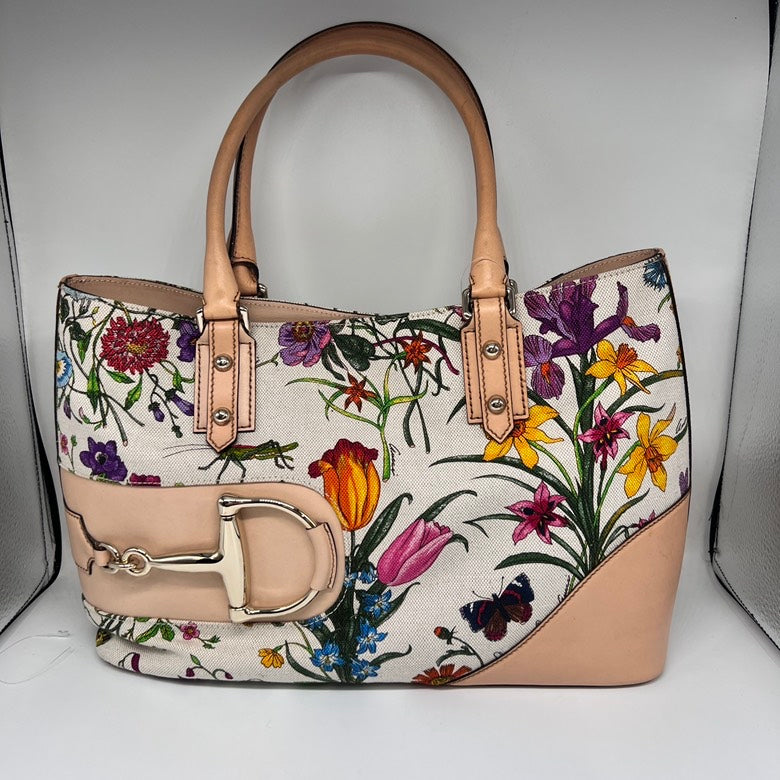 Gucci Z1521 Canvas & Leather Floral Tote Bag