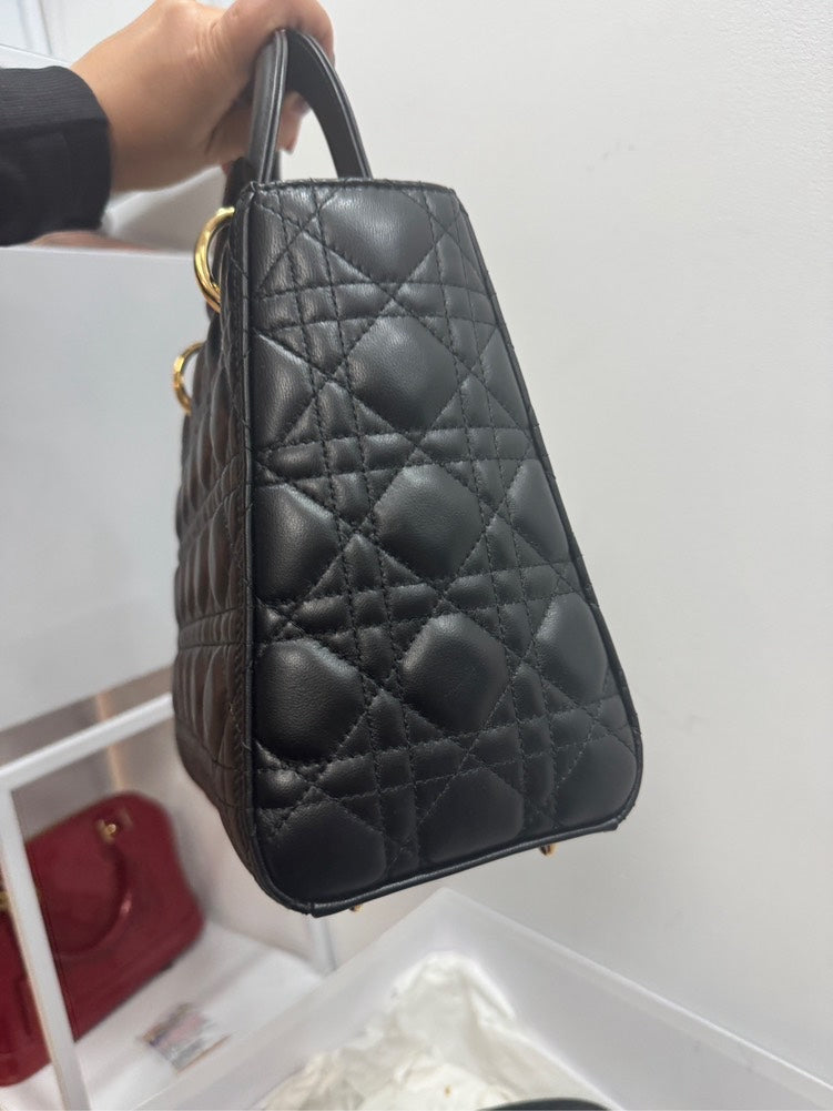 Lady Dior Medium Black Leather Top Handle Bag with Gold Hardware - Full Set