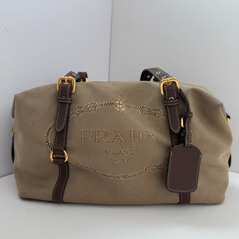 Prada Boston Handle Bag Beige Leather Satchel
