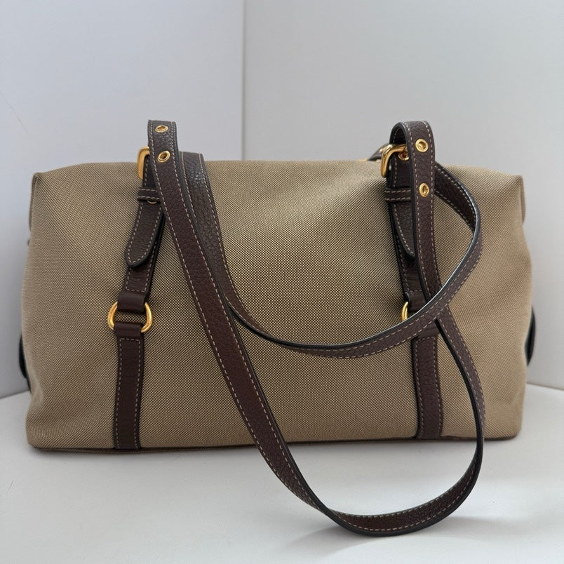 Prada Boston Handle Bag Beige Leather Satchel
