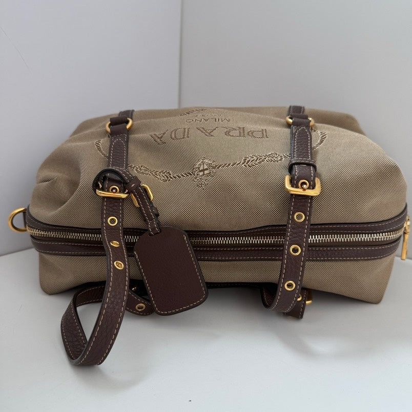 Prada Boston Handle Bag Beige Leather Satchel