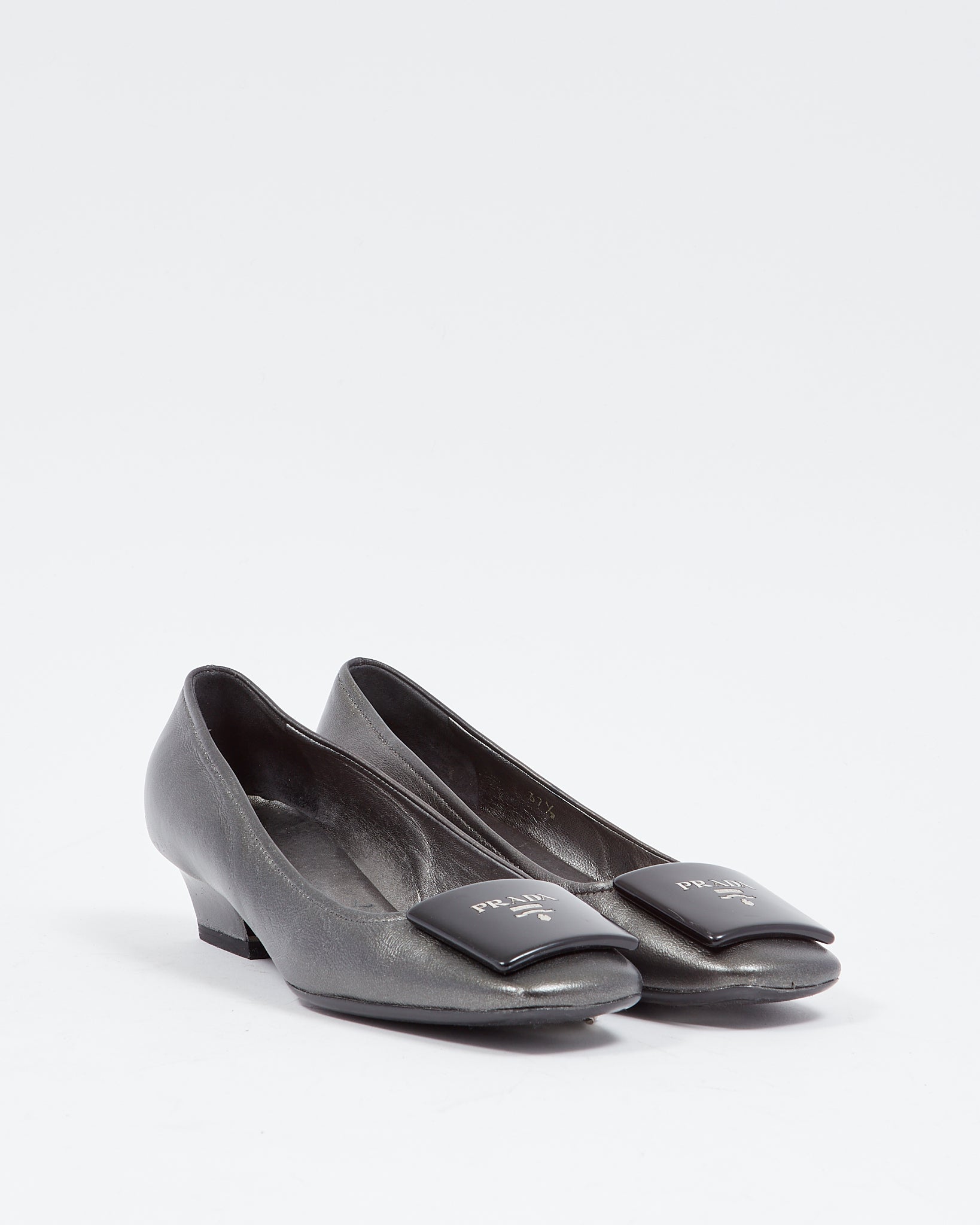 Prada Metallic Grey Kitten Block Heel Pumps - 37.5