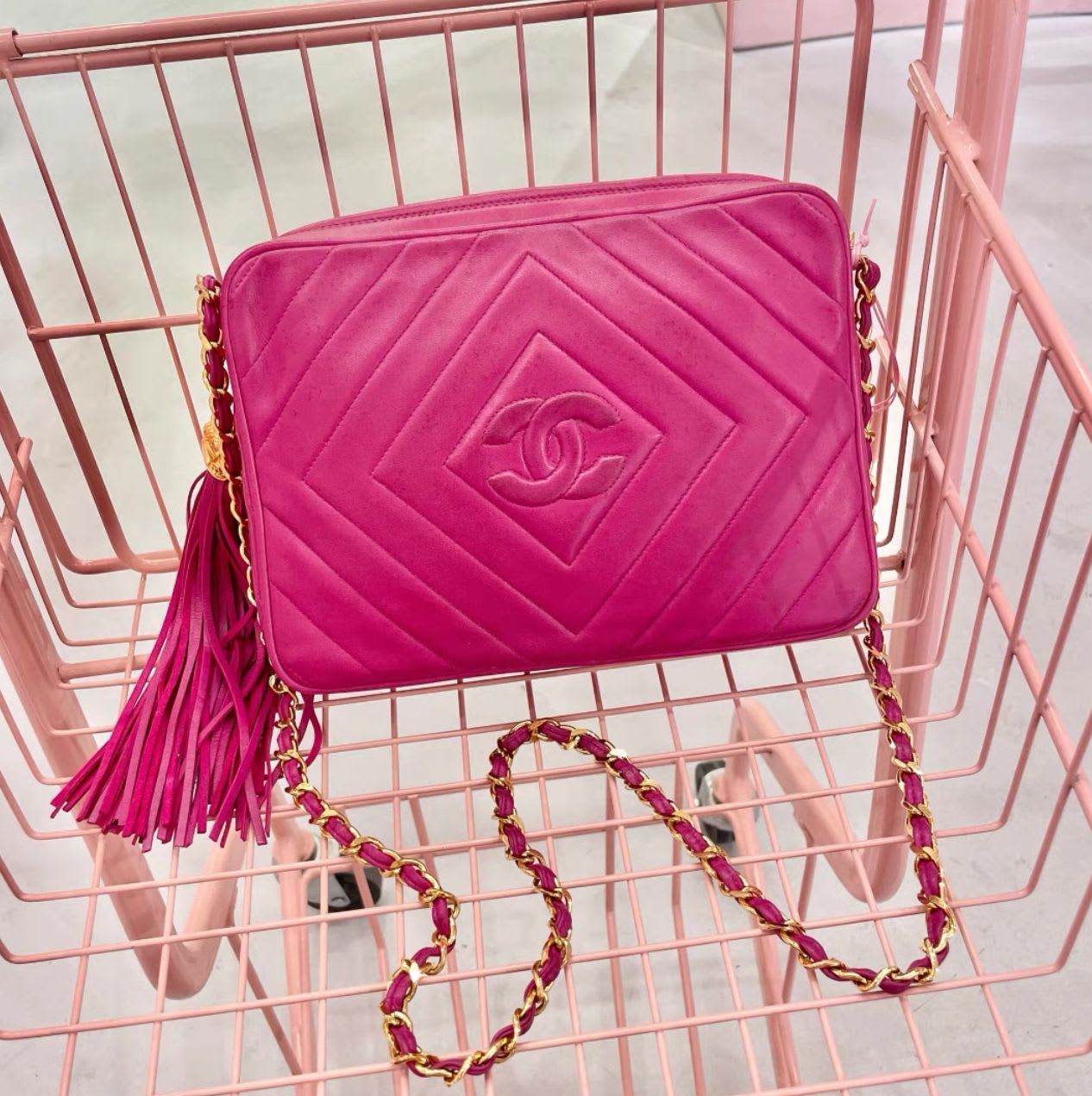 Chanel rose red lambskin tassel bag