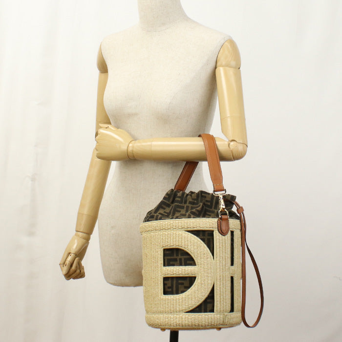 FENDI 8BT364 Handbag Step Out Medium Bucket Bag straw,Jacquard canvas Two-tone color(beige) Women