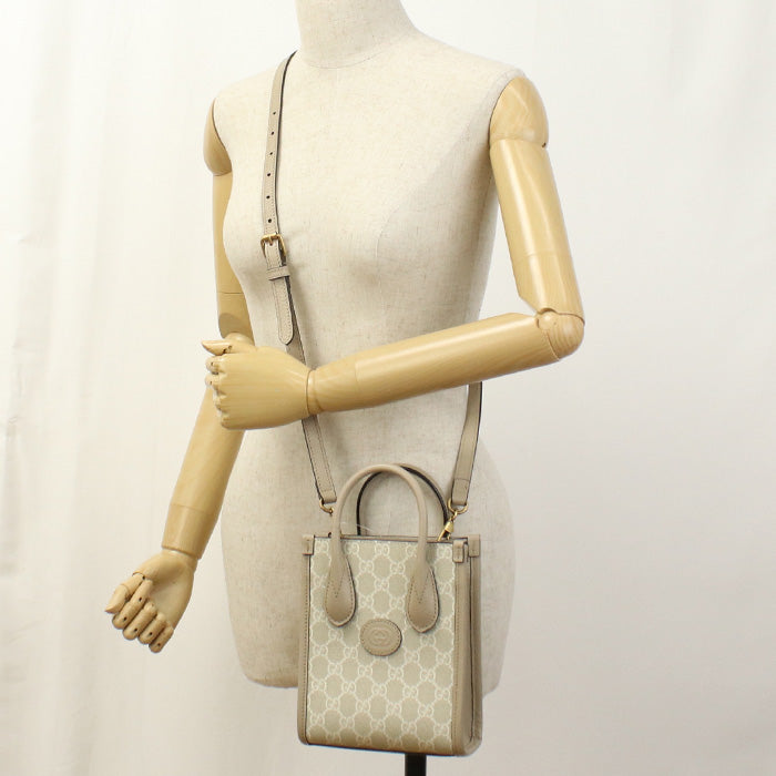 GUCCI 671623 Tote Bag Interlocking G Mini Tote Bag GG Supreme Canvas,leather beige Women