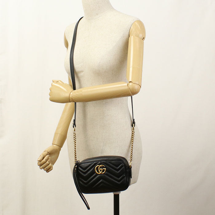 GUCCI 448065 GG Marmont Diagonal shoulder bag chevron leather black Women