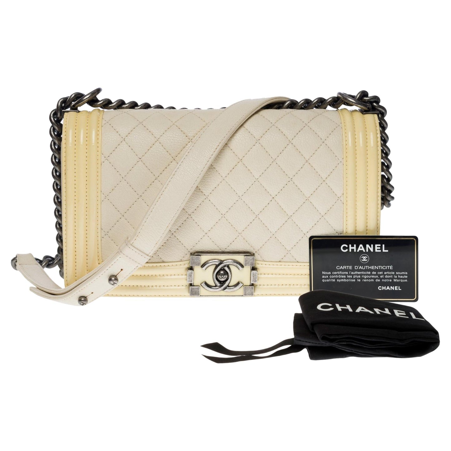 CHANEL Boy medium shoulder bag in beige caviar & Yellow patent leather, SHW
