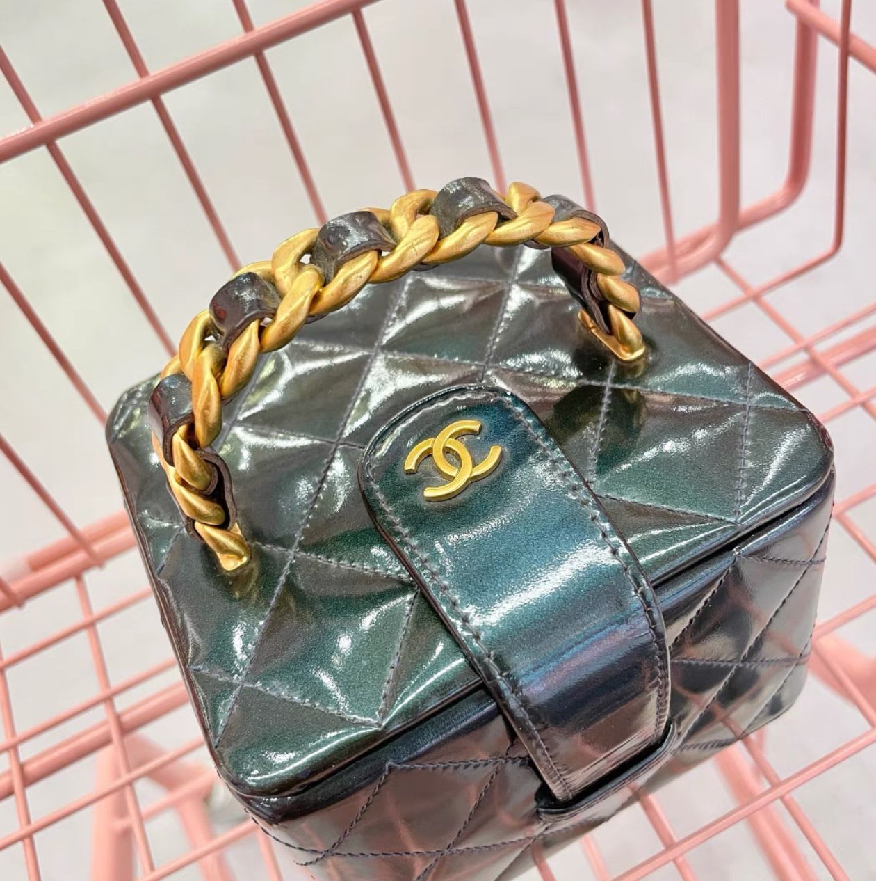 Chanel Vanity Case Micro Mini 90s Green Rare Patent Clutch