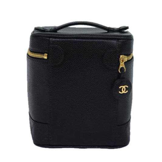 CHANEL Bicolole Vanity Cosmetic Pouch Caviar Skin Black CC Auth yk12738
