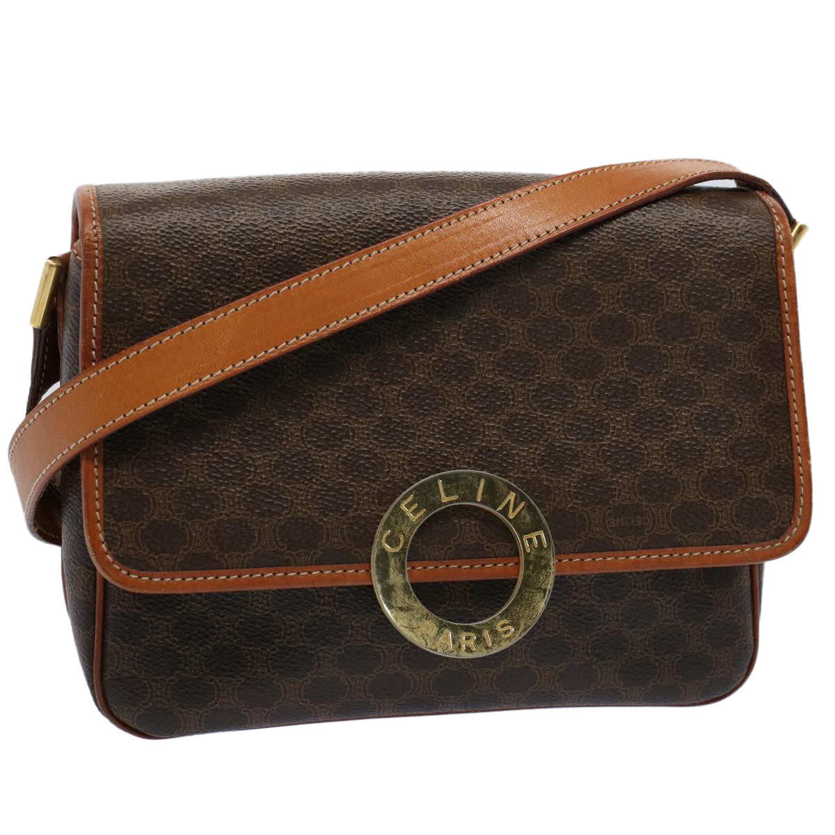Luxury CELINE Macadam Canvas Shoulder Bag PVC Leather Brown 8696