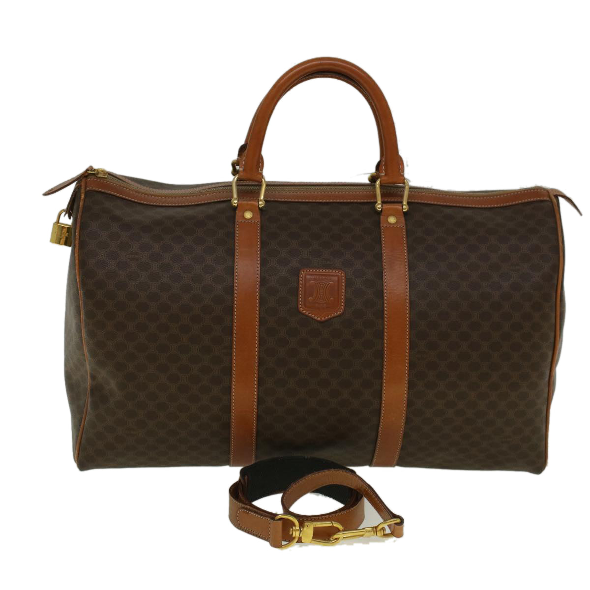 Luxury CELINE Macadam Canvas Boston Bag PVC Leather 2way Brown 9396
